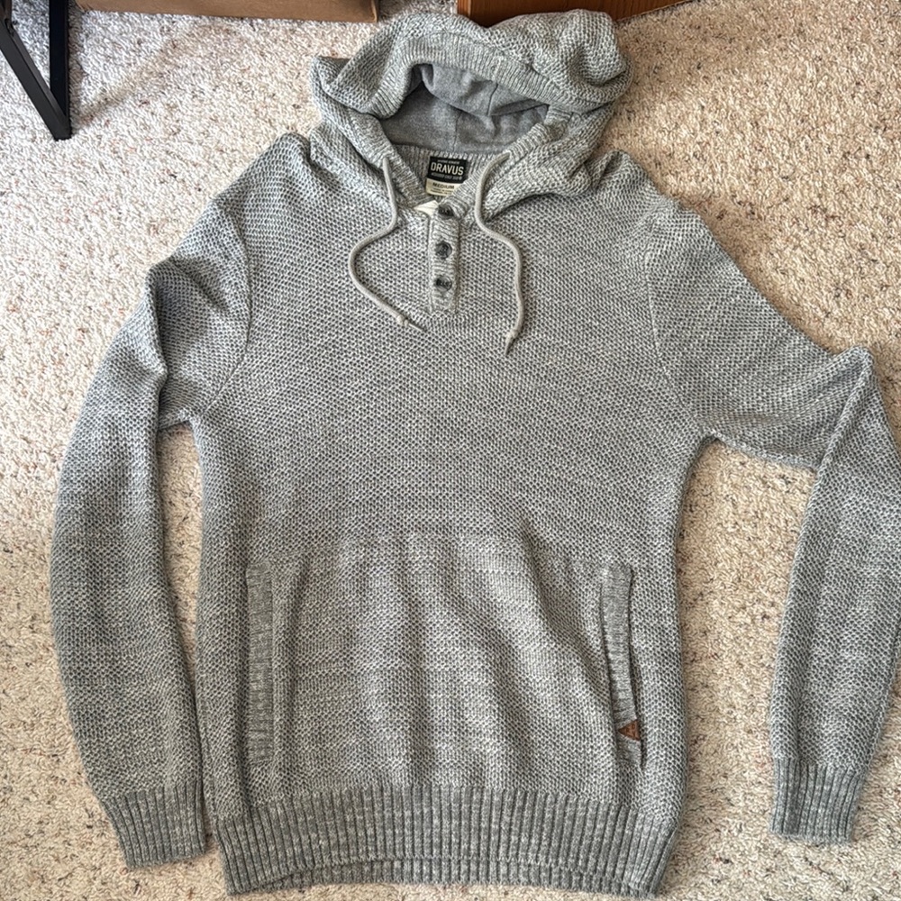 Gray Knit Hoodie Sweater with Ribbed Texture